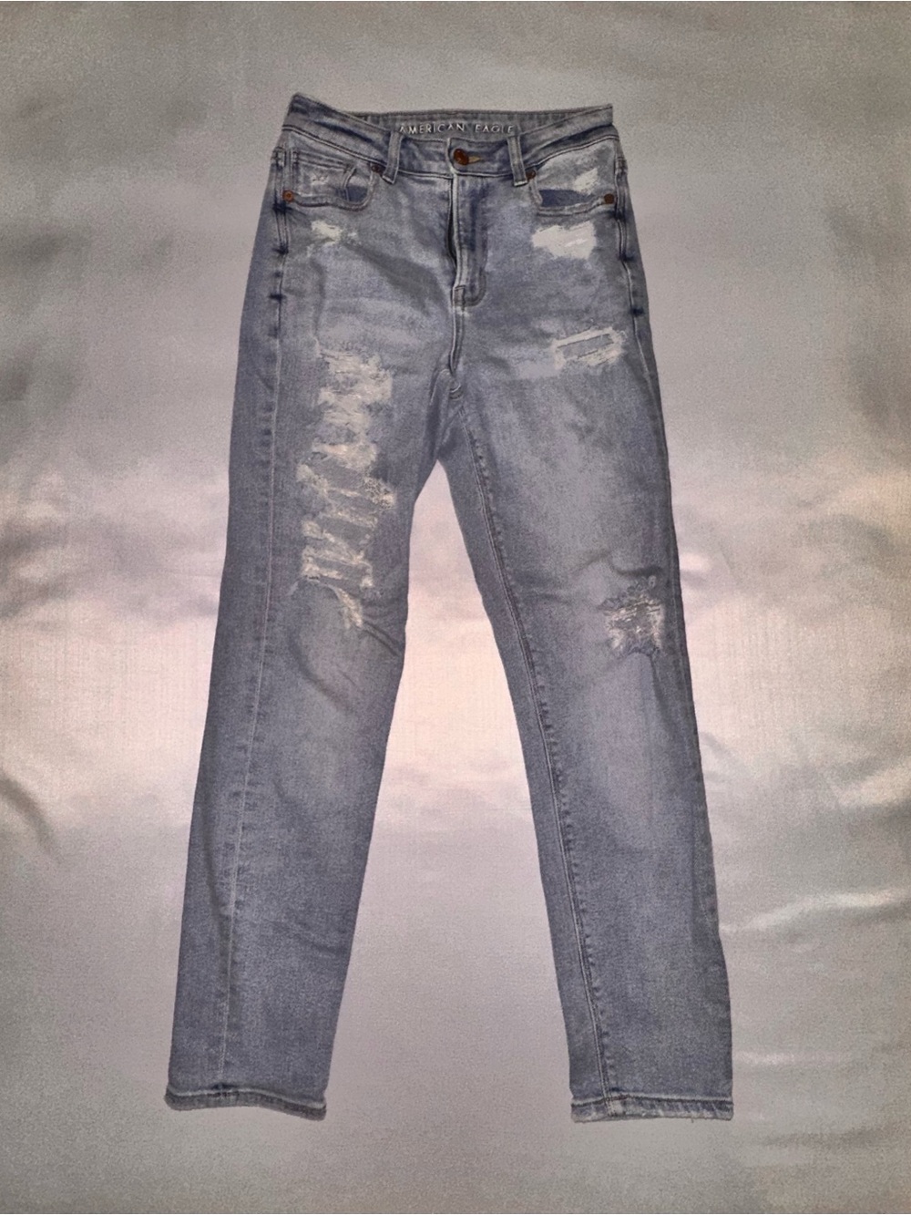 American Eagle Mom High Rise Destroyed Fray Stretch Blue Jeans